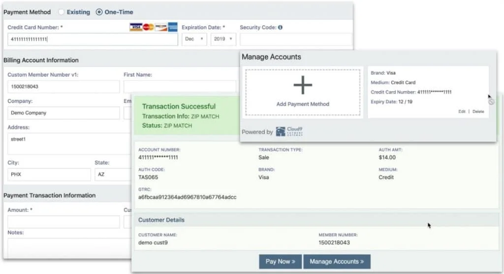Cloud9 virtual terminal showing payment form with credit card entry, billing information, and manage accounts overlay