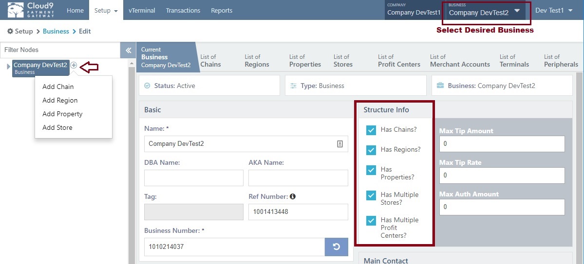Cloud9 business structure hierarchy showing the relationship between Business, Chain, Region, Property, Store, Profit Center, Merchant Account, and Terminal
