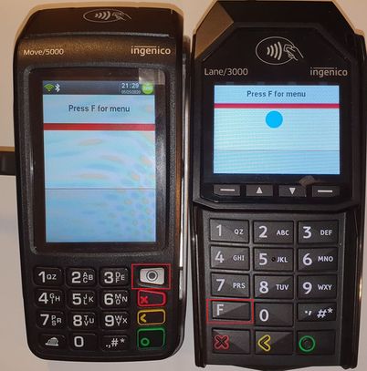Ingenico Move/5000 and Lane/3000 terminals showing Press F for menu screen