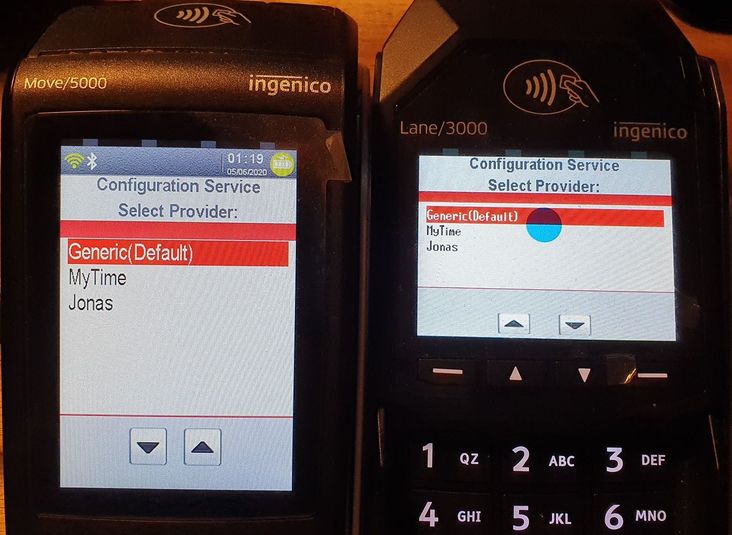 Ingenico Configuration Service screen showing Generic (Default), MyTime, and Jonas provider options