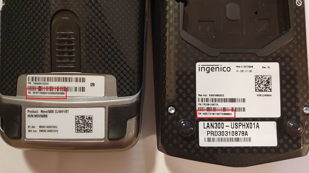 Back of Ingenico Move/5000 and Lane/3000 showing serial number labels