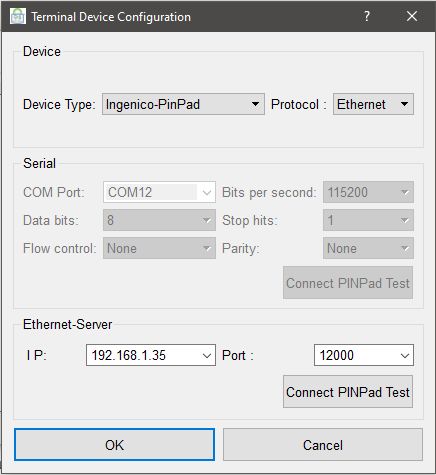 Terminal Device Configuration dialog showing Ingenico PinPad, Ethernet protocol, IP and port settings