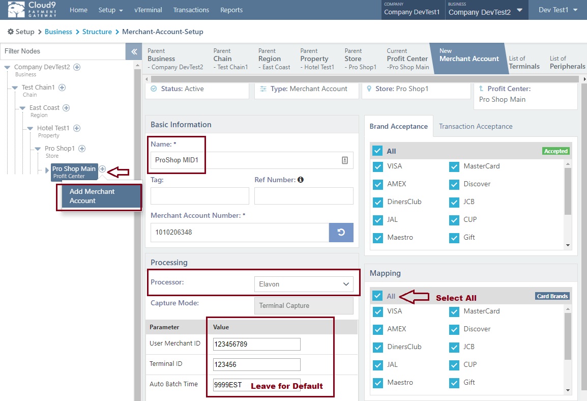 Cloud9 portal Merchant Account creation interface