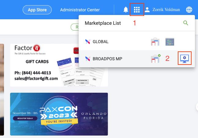 PAX Store Administrator Center with Marketplace List showing BROADPOS MP