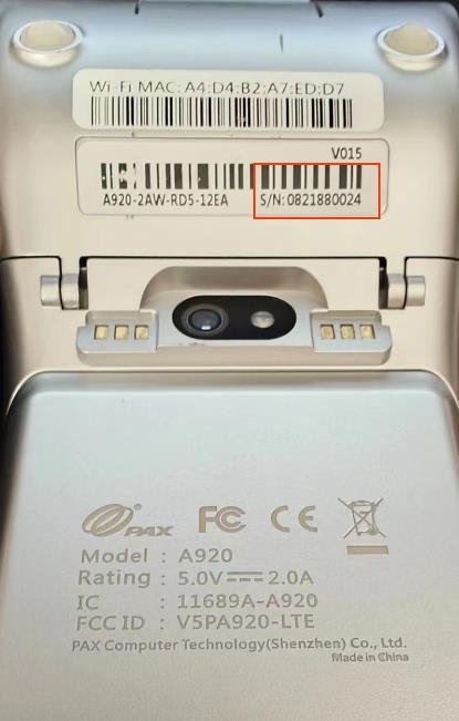 Back of PAX A920 showing serial number label