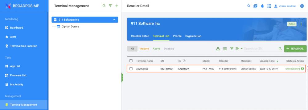 PAX Store Terminal Management showing registered A920 device in terminal list