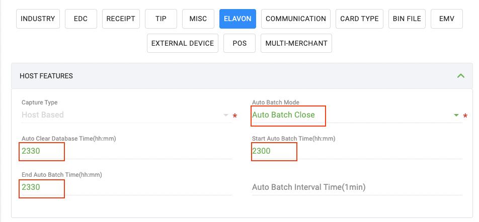 PAX Store push task configuration showing Elavon host features and batch settings