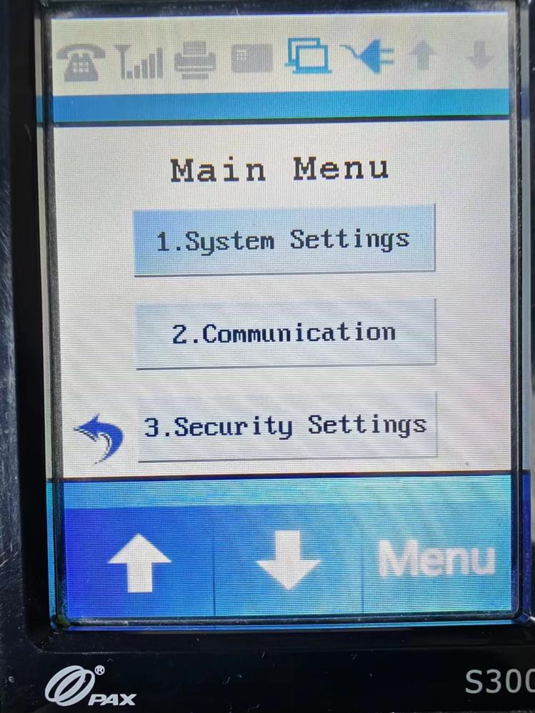 PAX S300 Main Menu showing System Settings, Communication, and Security Settings