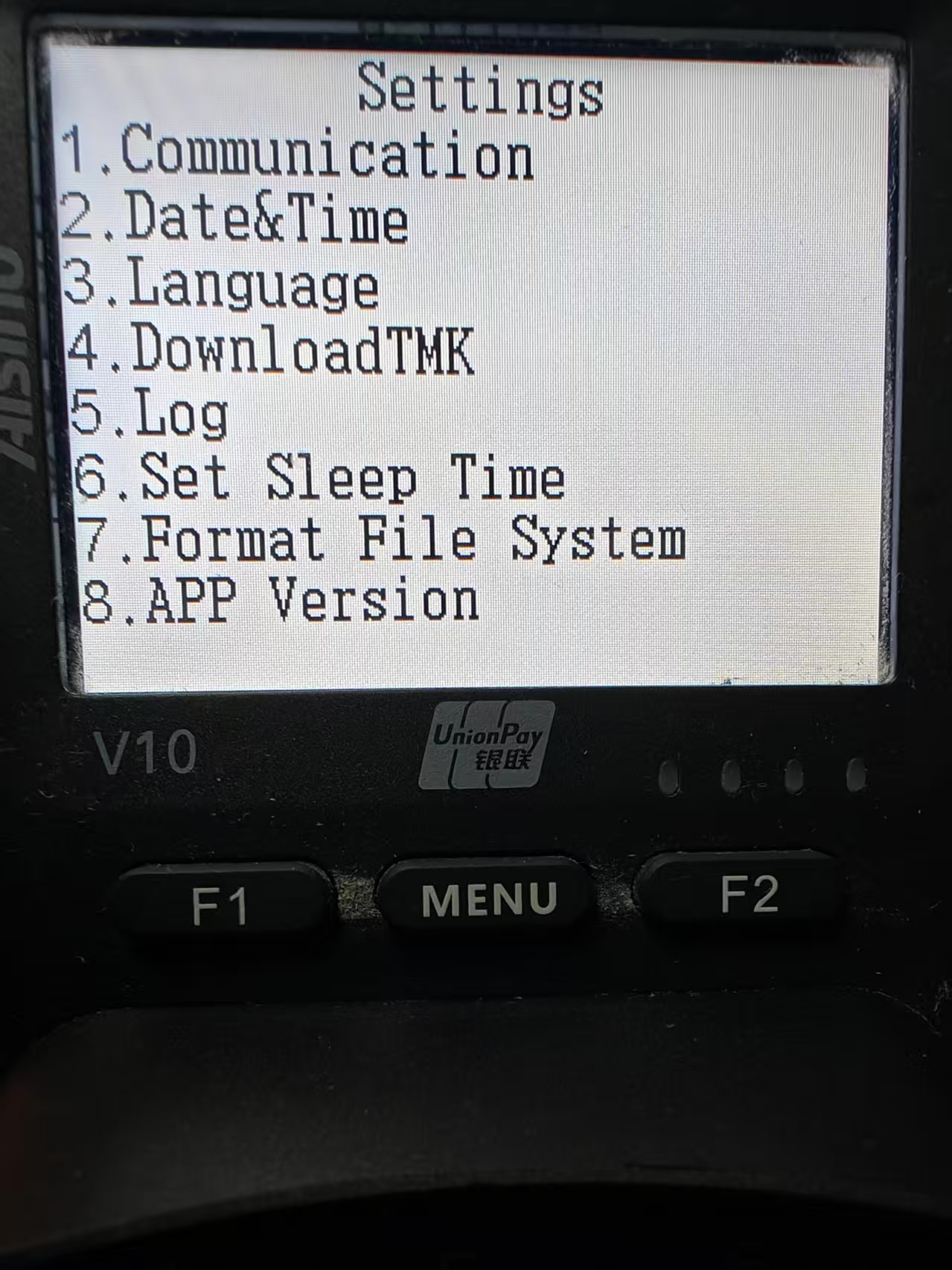 PAYMUSE V10 Settings menu showing Communication, Date&Time, Language, DownloadTMK, Log, Set Sleep Time, Format File System, APP Version