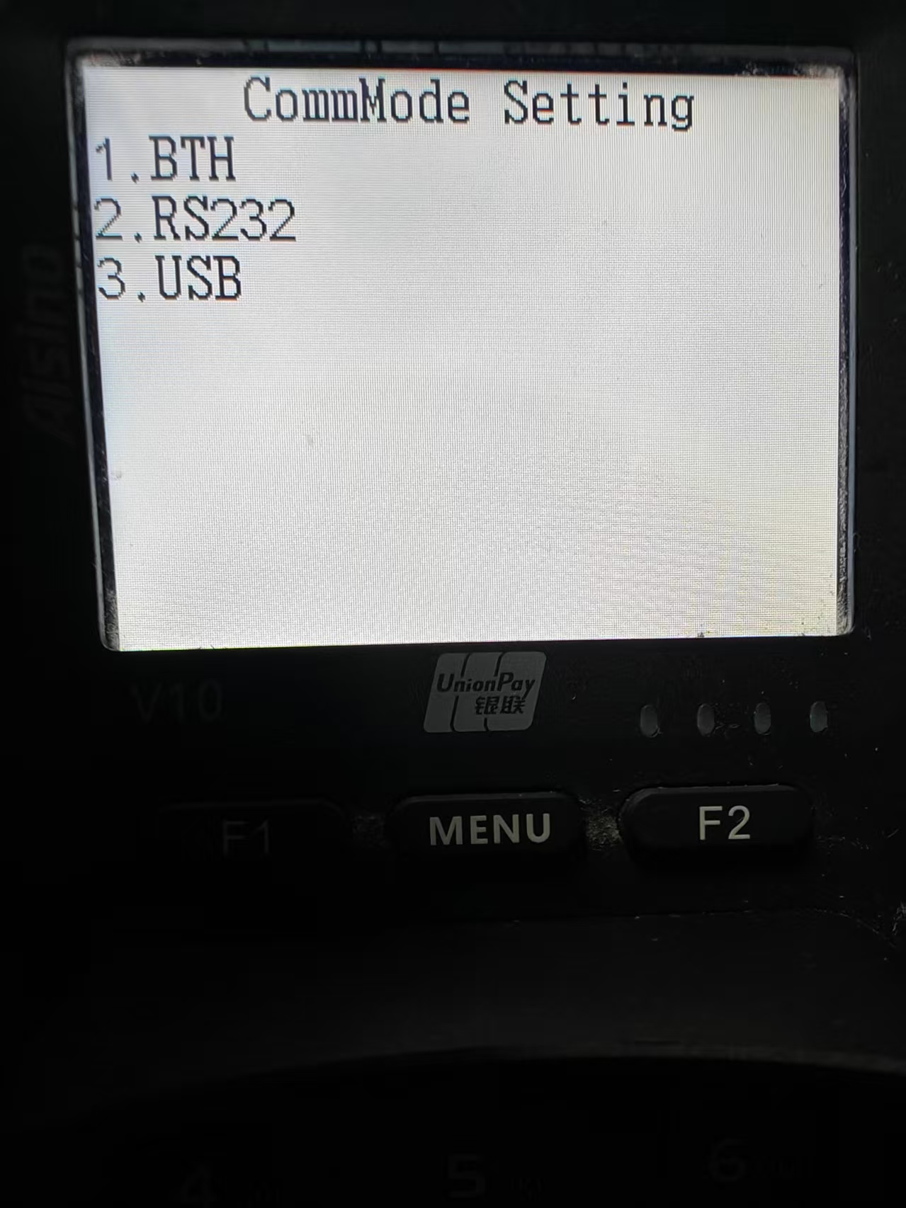 PAYMUSE V10 CommMode Setting screen showing BTH, RS232, USB options