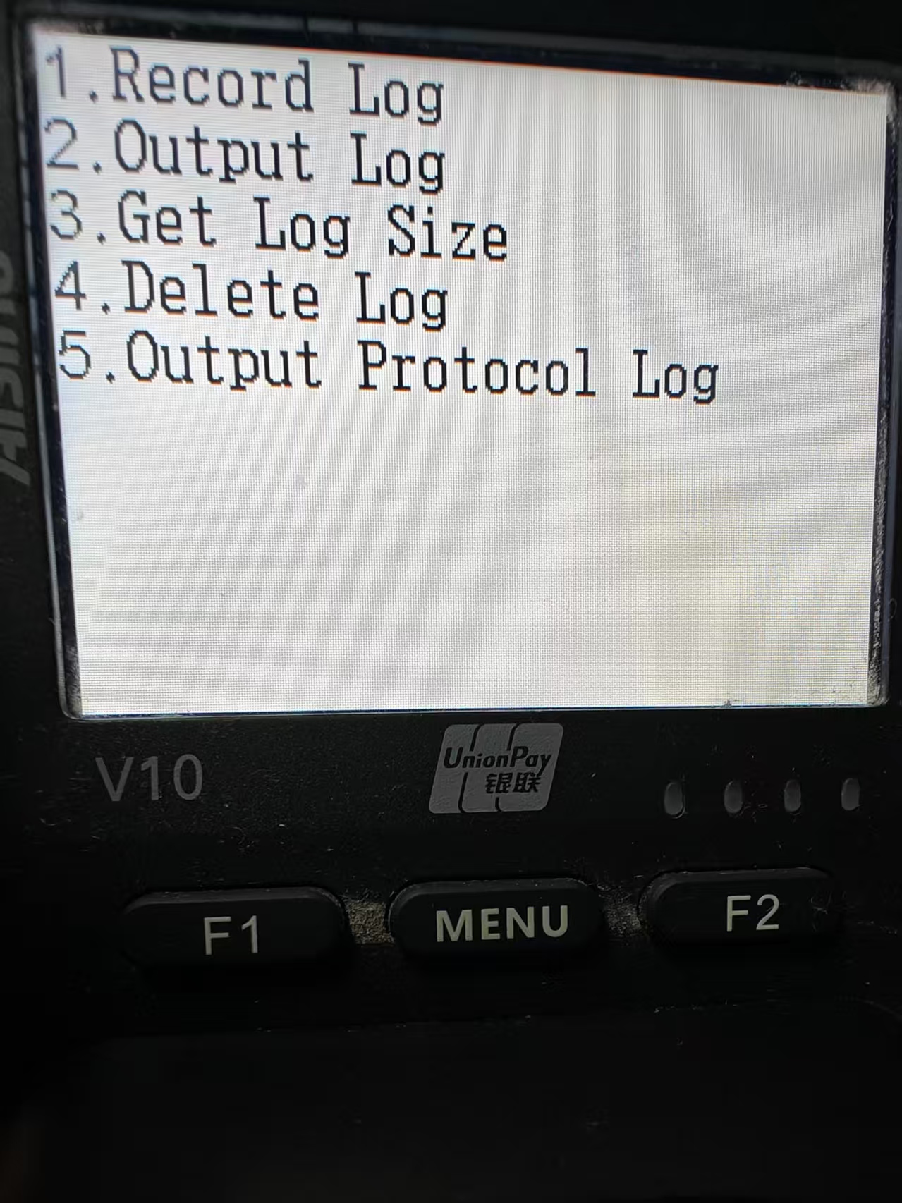 PAYMUSE V10 Log menu showing Record Log, Output Log, Get Log Size, Delete Log, Output Protocol Log