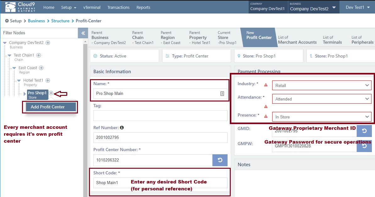 Cloud9 portal Profit Center creation interface