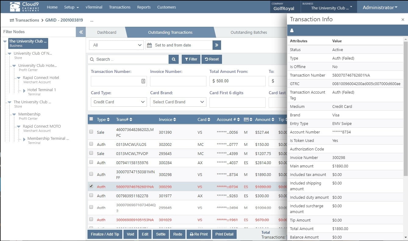 Cloud9 gateway portal showing transaction management with hierarchical filtering, batch operations, and transaction detail panel